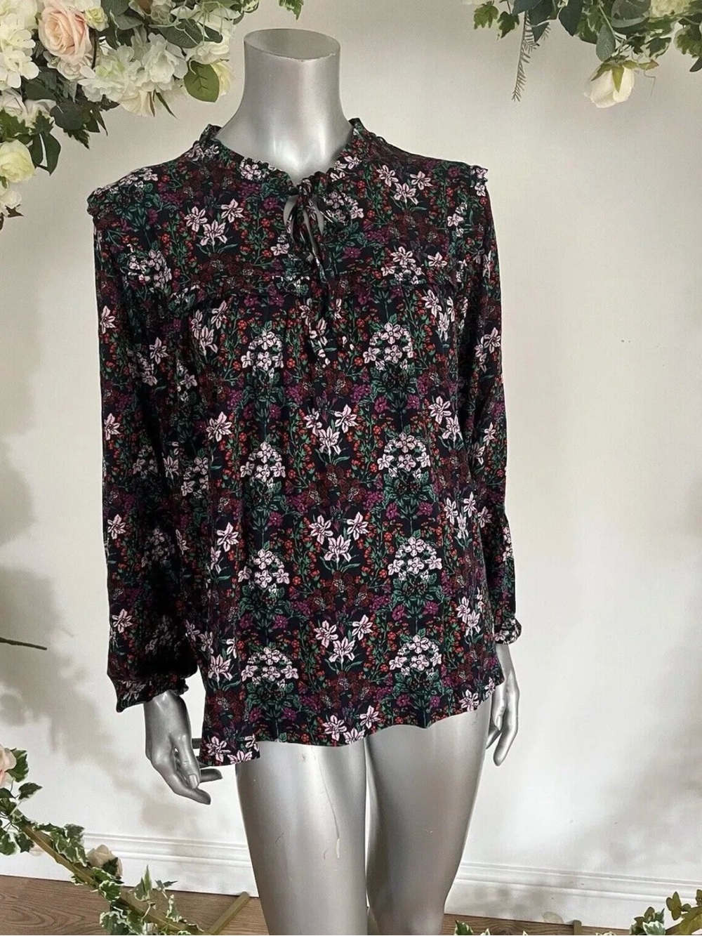 Joules Floral Arabella Top Tie-Neck Long Sleeve Blouse - Dark Floral